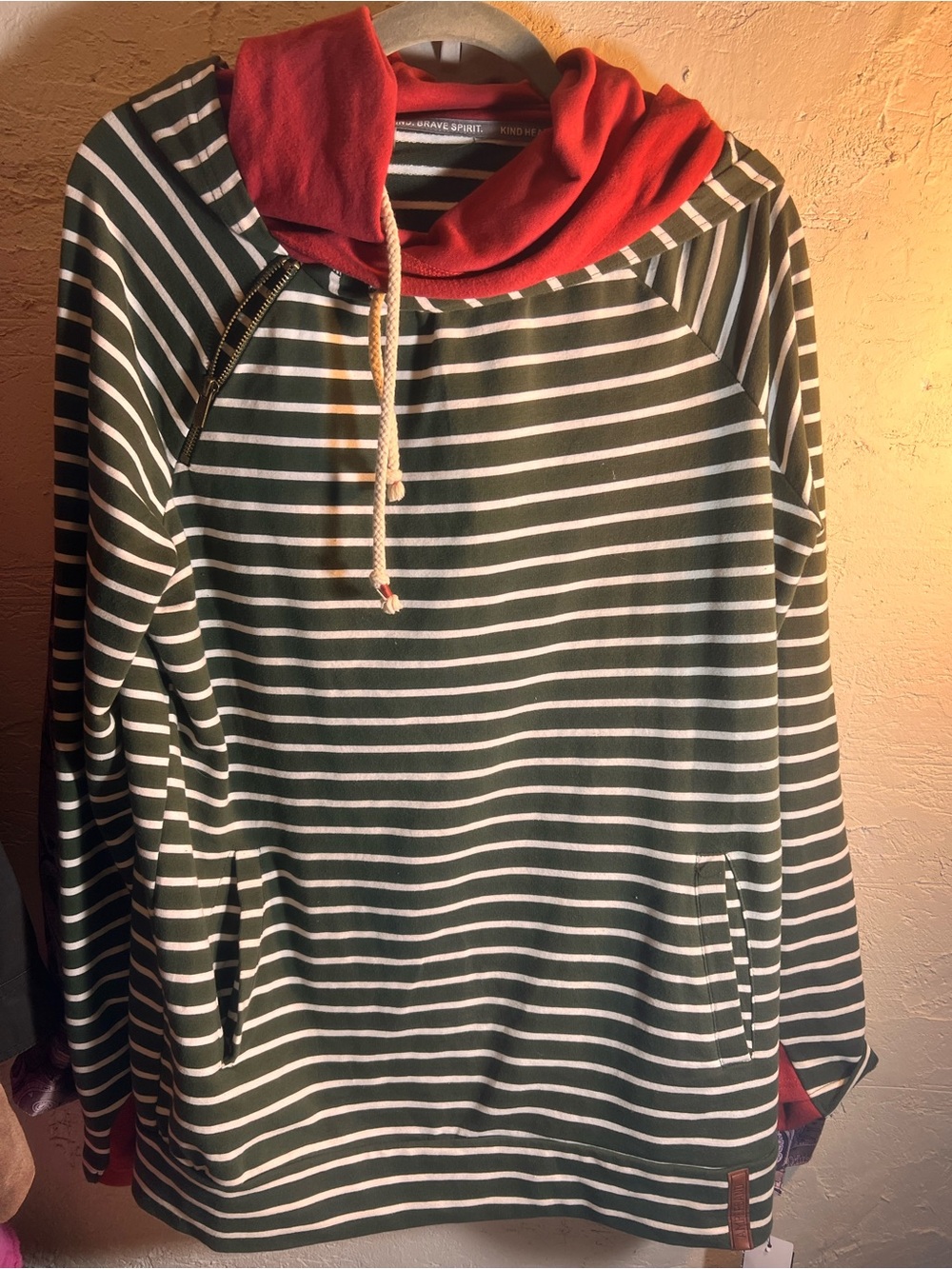 AMPERSAND AVE Olive Green & White Striped Hoodie with Red Hood